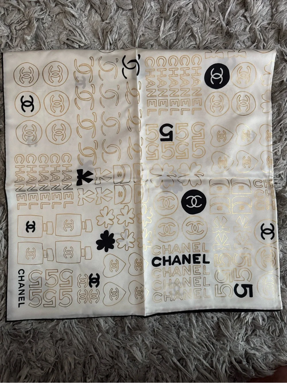 CHANEL Ivory Silk Logo & Motif Scarf with Black Accents